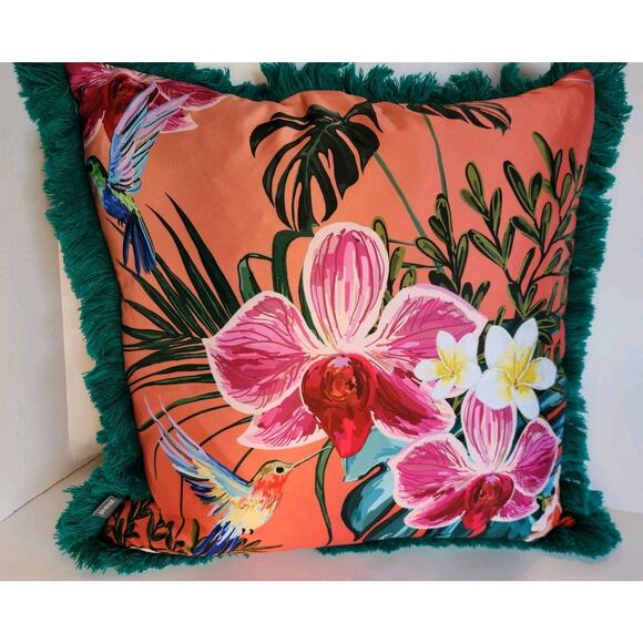 Teal Orange Pink Decorative Throw Pillow 18X18 Tropical Floral Hummingbird - Picture 5 of 7